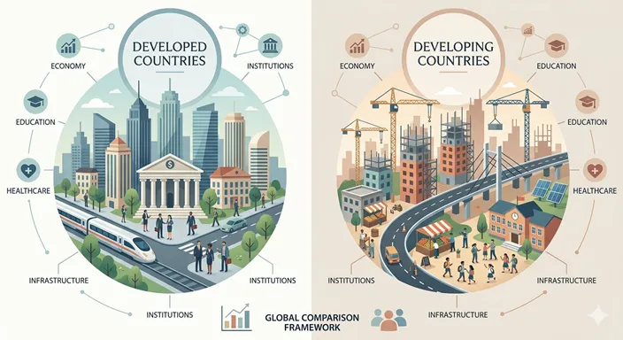 先進国と発展途上国を、経済、教育、医療、インフラなどの観点で比較するインフォグラフィック風の画像。