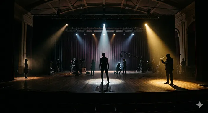 主演、ゲスト出演、カメオ出演、特別な出演など、さまざまな出演形態を舞台上の立ち位置で表した画像。