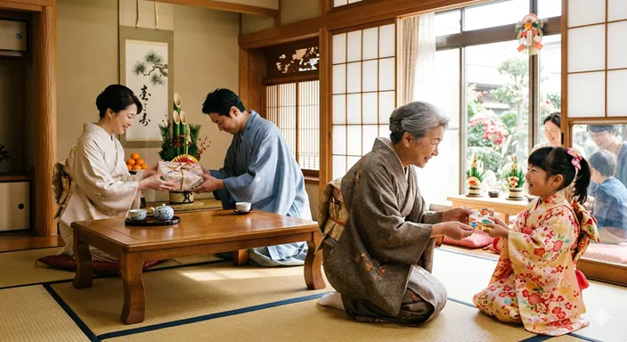 同じお正月の場面の中で、大人同士の贈り物と大人から子どもへのぽち袋が別方向に示されている画像。