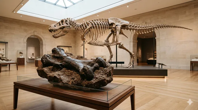 博物館に展示された恐竜の復元骨格と、台座上に保存された実物の骨化石を対比した様子。