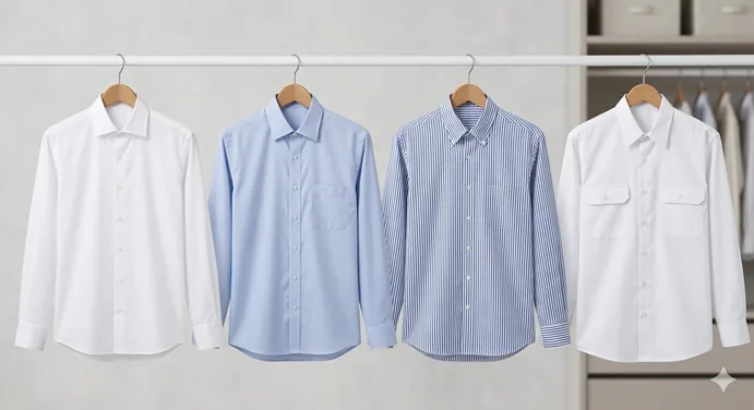 ドレスシャツ、ビジネスシャツ、制服用シャツなど複数の襟付きシャツが用途別に並ぶ画像。