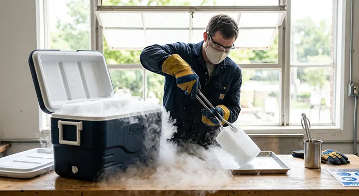 手袋とトングを使ってドライアイスを扱い、換気された場所で安全に作業している様子。