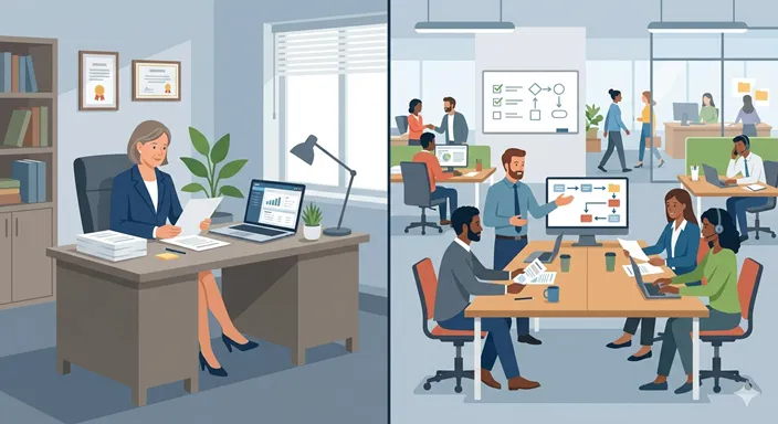 一人が静かに職務へ向き合う執務のイメージと、複数人が連携して仕事を進める業務のイメージを左右で比較した図解風画像。