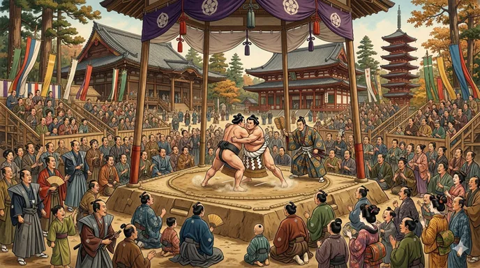 江戸時代の寺社境内で行われる勧進相撲を、多くの町人が熱心に観戦している歴史的な風景。