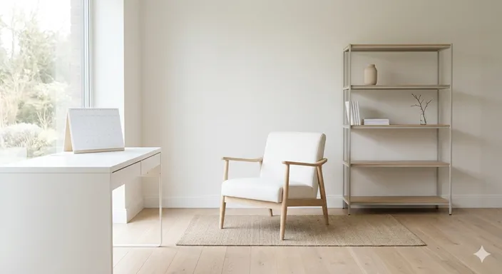 余白のある部屋に空いた椅子と空の棚があり、場所や予定に空きを作る意味を表した画像。