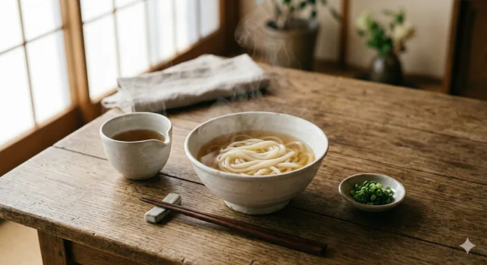 うどん、だし、ねぎ、箸が整えられた、素うどんとかけうどんの本質を象徴する静かな和食の一場面。