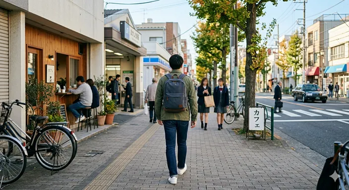 通勤や買い物、通学など日常生活で使われる身近なリュックを、街の風景とともに表した画像。