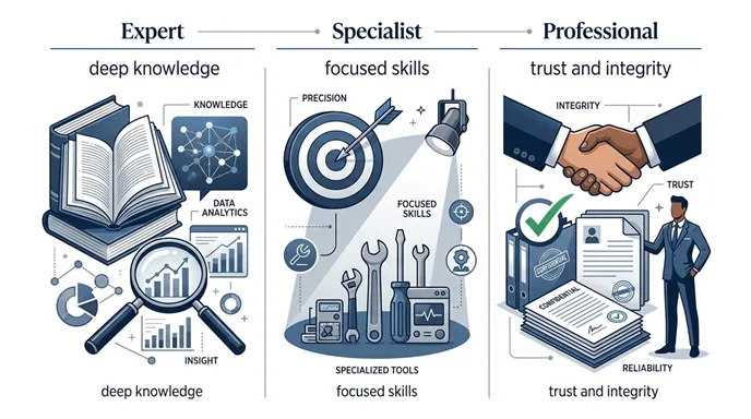 Expert、Specialist、Professionalの三つの概念を、知識の深さ、専門領域、職業責任の違いとして整理した比較イメージ。