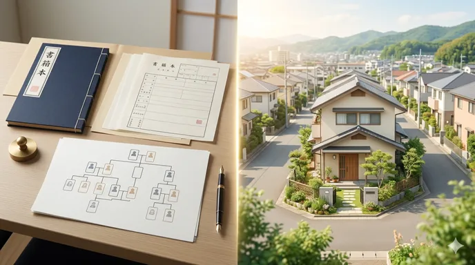 戸籍を示す書類と生活の拠点である家が、整理された形で並び、違いがすっきり理解できるイメージ。