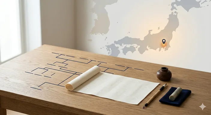 家族関係を記録する公的な書類と、地図上の一点が静かに結びついているイメージ。