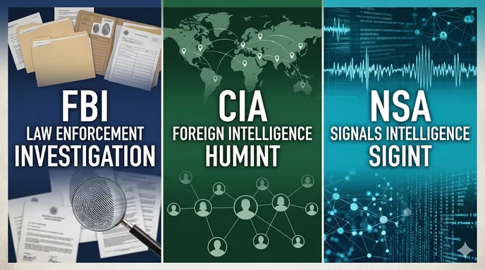 FBIを犯罪捜査、CIAを対外人的情報、NSAを通信情報として英語で整理した三分割比較図。