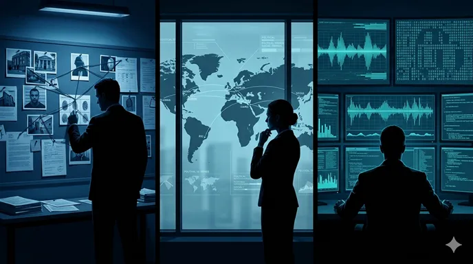 犯罪捜査を象徴する捜査資料、海外諜報を表す世界地図、通信情報を示すデジタルネットワークを三分割で描いた画像。