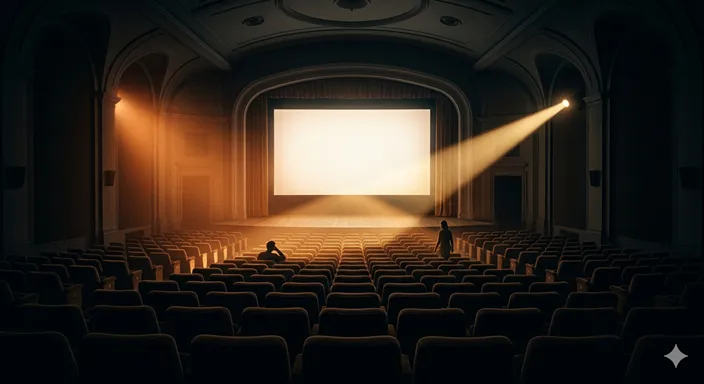 映画のエンドロール後に残る温かな光とスポットライトが、友情出演と特別出演の意味の違いを象徴している画像。