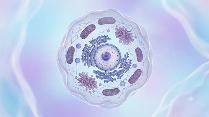 柔軟な細胞膜を持つ動物細胞が、核やミトコンドリアを内包しながらしなやかに形を変えているイメージ。