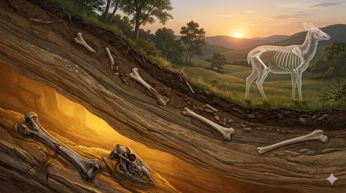 地層から発見された骨化石と、現代の動物の骨格が一本の時間の流れで結ばれているイメージ。