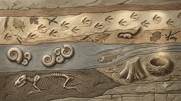 貝殻、植物の葉、恐竜の足跡、骨など、さまざまな生命の痕跡が地層に保存されている様子。
