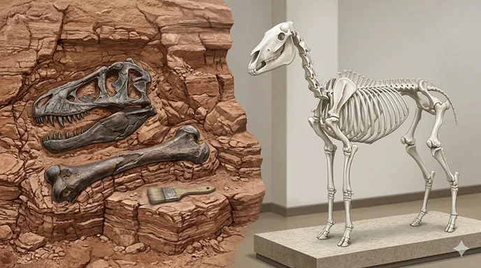 地層の中に埋まる恐竜の骨化石と、生きた動物の体を支える白い骨格を左右に対比したイメージ。
