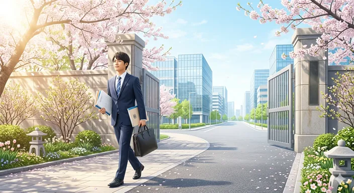 卒業を控えた学生が学校から社会へ続く明るいゲートをくぐろうとしている様子。