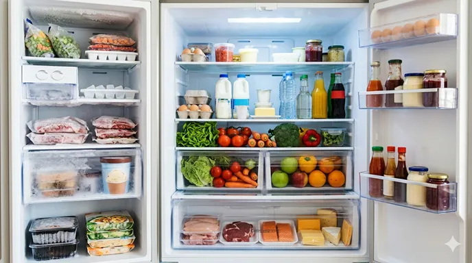 冷凍庫・冷蔵室・チルド室に食品が整理され、それぞれの保存方法の違いが視覚的にわかる冷蔵庫内部のイメージ。