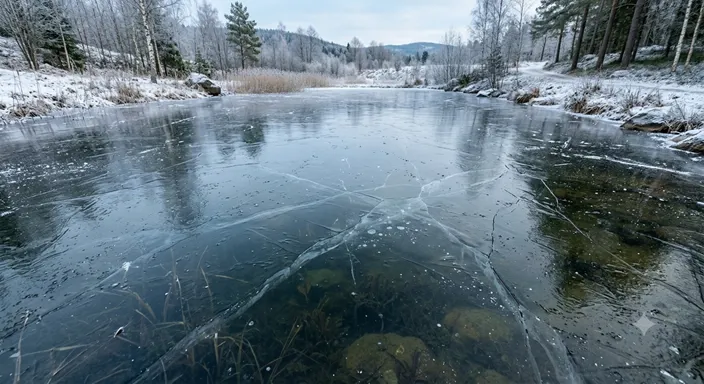 水面が透明な氷へと固まり、光を反射している冬の池の表面。