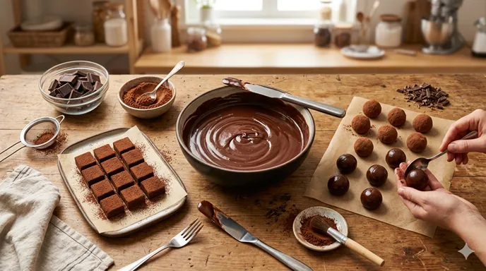 なめらかなガナッシュが、四角い生チョコと丸いトリュフの両方に使われることを表したチョコレート作りの画像。