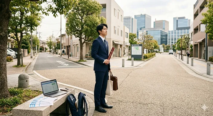 卒業証書を持った若者が、複数の進路の中から就職への道を選ぼうとしている様子。