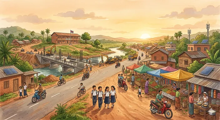 建設中の橋や道路、活気ある市場、学ぶ子どもたちが描かれ、発展途上国の課題と可能性を表した画像。