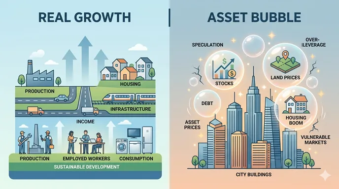 Real GrowthとAsset Bubbleの違いを、工場やインフラと膨らむ資産バブルの対比で示した英語表記の比較インフォグラフィック。