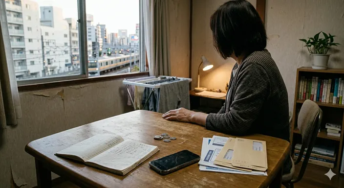 一見ふつうの暮らしの中に、家計や孤立の困難が静かに隠れていることを表した画像。