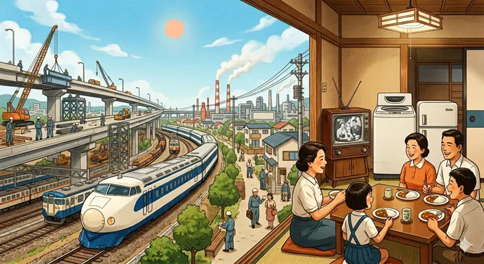 工場、新幹線、道路、住宅、家電が広がり、日本社会の基盤が力強く整っていく高度経済成長期を表した画像。