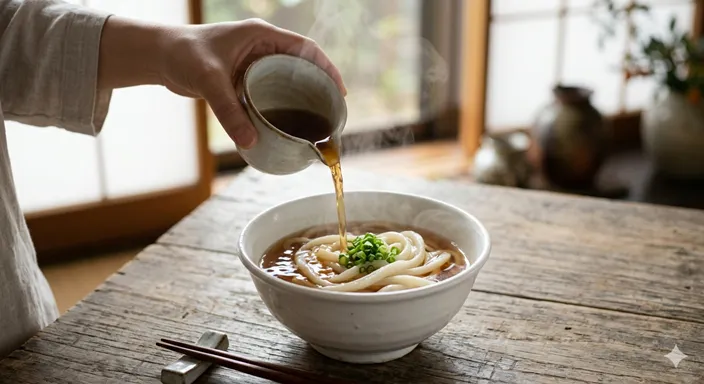 湯気の立つうどんに、温かいだしつゆを静かに注いでいる様子。