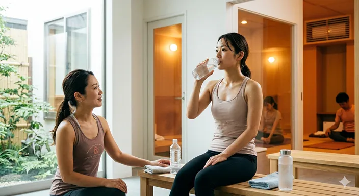 ホットヨガ中に体調の変化を感じ、涼しい場所で休みながら水分を補給する女性。