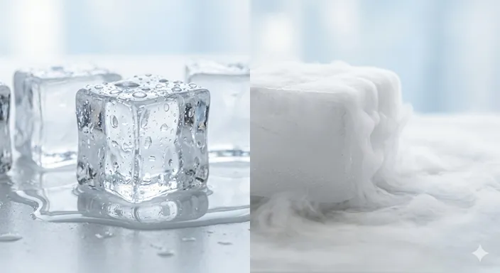 透明な氷が水滴をまとって溶ける様子と、白い冷気を出すドライアイスが並び、性質の違いを対比している画像。