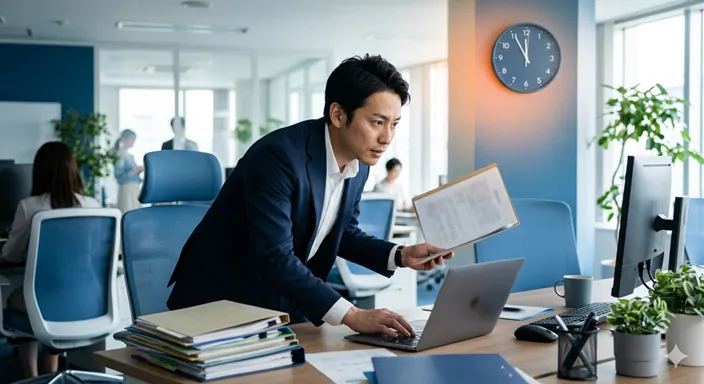緊迫した時計を確認したビジネスパーソンが、受信した連絡にすぐ対応し始める様子。