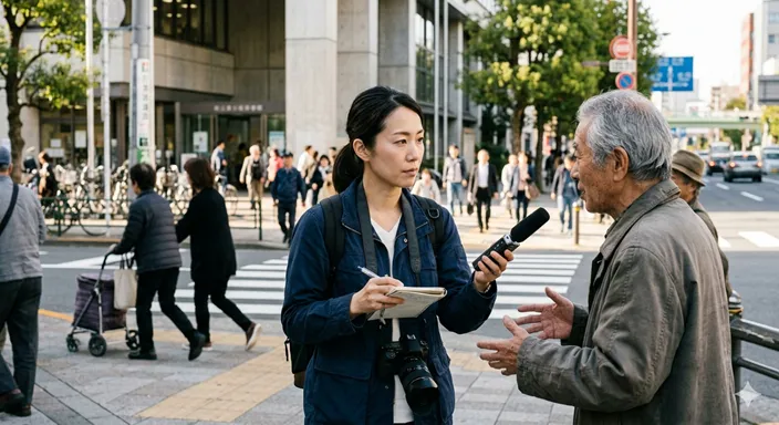 街の現場でカメラとメモ帳を持ち、社会の声を取材するジャーナリストの姿。