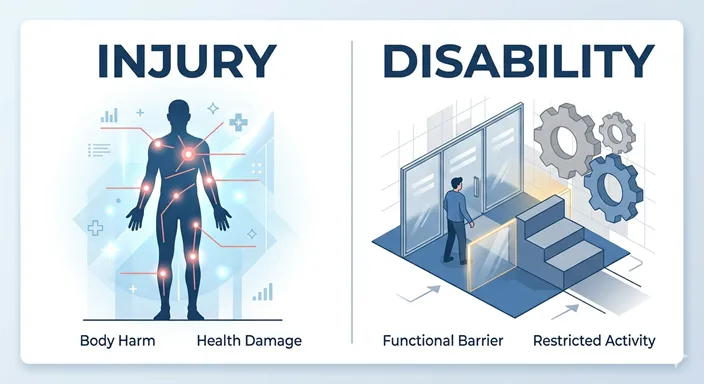 InjuryとDisabilityを英語ラベルで左右に分け、身体への害と機能の妨げの違いを視覚的に比較したインフォグラフィック風画像。