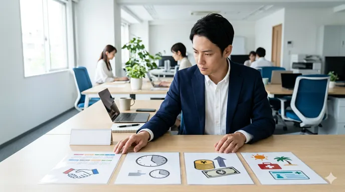 職員の呼び名が書かれていない名札と、契約期間や勤務時間などの条件を象徴する書類を比較する人物。