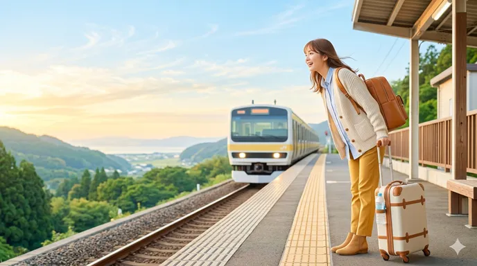 朝日が差す駅のホームで旅行かばんを持ち、これから始まる旅に期待を膨らませる人物。