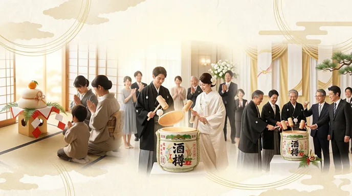 家庭の正月、結婚式、会社の祝賀会という三つの場面で鏡開きが行われる様子を表した画像。