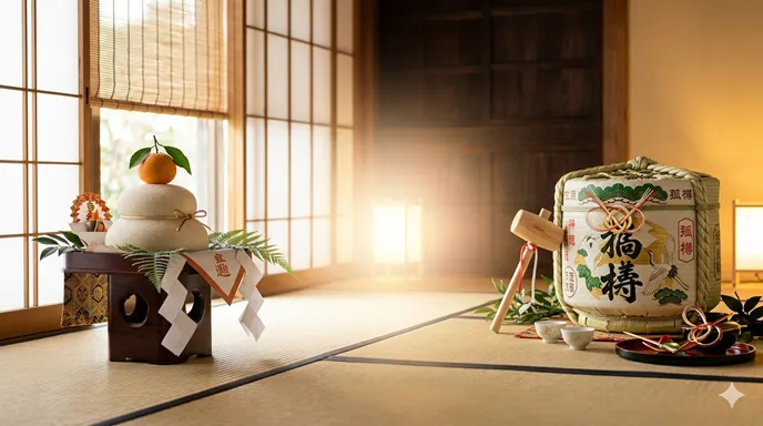 正月の鏡餅と祝宴の酒樽が並び、福を開く伝統行事と割るように見える動作の違いを表した画像。