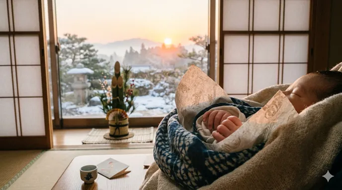生まれた赤ちゃんと正月の朝日が重なり、命の一年目を数える数え年の考え方を表した画像。
