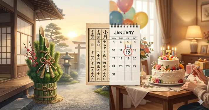 正月の門松と誕生日ケーキを左右に配置し、数え年と満年齢の違いを象徴的に表した画像。