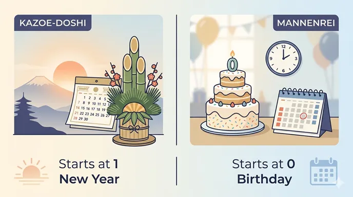 正月で年を重ねる数え年と、誕生日で年を重ねる満年齢を英語ラベルで比較した図解画像。
