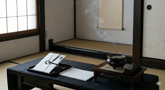 葬儀で使う白黒の不祝儀袋と、静かに煙を立てる線香が並び、香典と香料の違いを象徴している画像。
