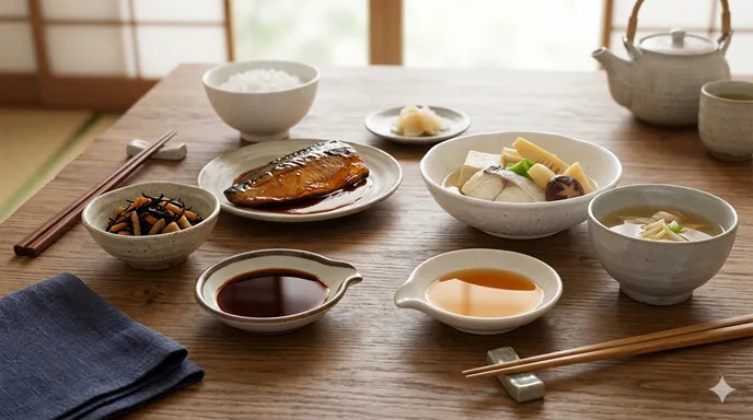 濃い茶褐色の濃口醤油と淡い琥珀色の薄口醤油が、和食の器とともに並べられている比較イメージ。