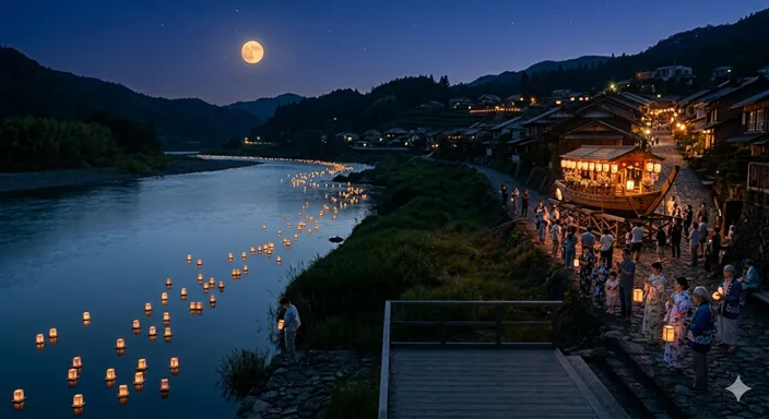 灯籠の光と精霊船の提灯が同じ夜空の下で輝き、亡き人を送る二つの行事の意味を象徴している風景。
