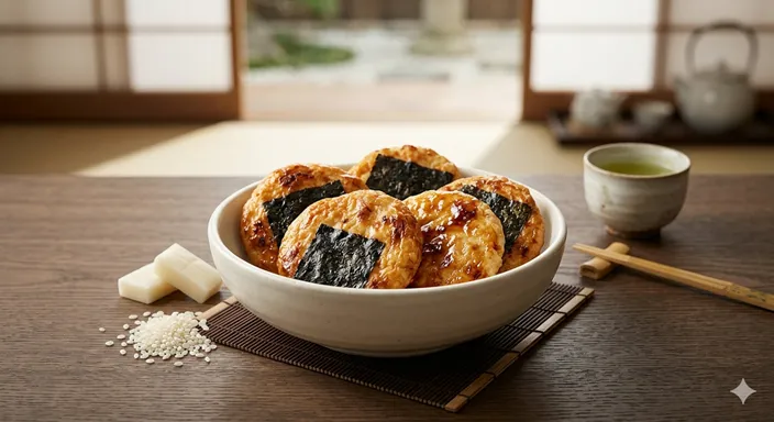 大きめに割れたおかきが器に盛られ、もち米由来のふくらみと食べごたえが伝わる画像。