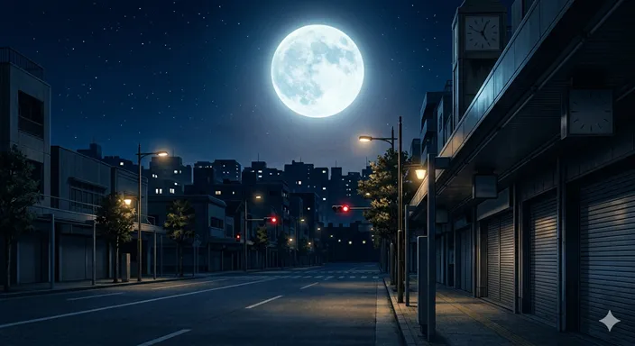 深夜営業の店、走るバス、働く人のいるビルが並び、社会的な深夜時間帯を表している都市の風景。