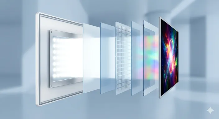 テレビ画面の背後からバックライトの光が広がり、液晶パネルを通って映像になる仕組みを抽象的に表した画像。