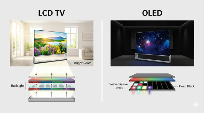 液晶テレビはバックライトで明るく表示し、有機ELは自発光で深い黒を表現する違いを英語ラベルで比較したインフォグラフィック。